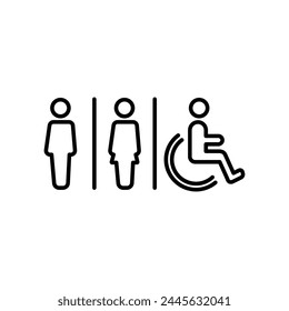 Gender icon. Man and Woman icon isolated minimal design. Toilet line icon, outline vector sign, linear style pictogram isolated on white. WC symbol, vector logo illustration.