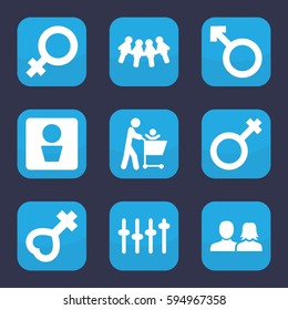 gender icon. Set of 9 filled gender icons such as man WC, female, man and woman, male, woman, equalizer, children