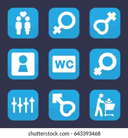 Gender icon. set of 9 filled gender icons such as woman wc, female, wc, couple, male, equalizer, woman symbol