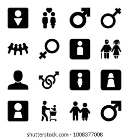 Gender icons. set of 16 editable filled gender icons such as woman wc, male, man, male wc, couple, man symbol, children, male and female, woman symbol
