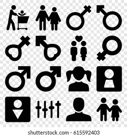 Gender icons set. set of 16 gender filled icons such as woman WC, male, man, girl, Male WC, couple, woman, female, equalizer, woman symbol, man symbol
