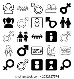 Gender icons. set of 25 editable filled and outline gender icons such as man wc, female, female wc, couple, man symbol, male, girl, woman, man and woman, children