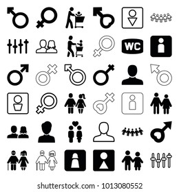 Gender icons. set of 36 editable filled and outline gender icons such as female, man, man and woman, female wc, couple, father with not in shopping cart, male, woman