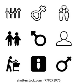 Gender icons. set of 9 editable filled and outline gender icons such as couple, father with not in shopping cart, male, woman, man, female, equalizer