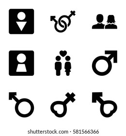 gender icons set. Set of 9 gender filled icons such as woman WC, male, man and woman, Male WC, couple, woman, male and female