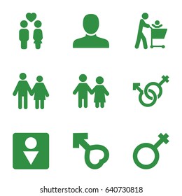 Gender icons set. set of 9 gender filled icons such as man, male wc, couple, male, male and female
