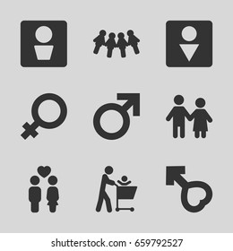 Gender icons set. set of 9 gender filled icons such as man wc, female, male, male wc, couple, children