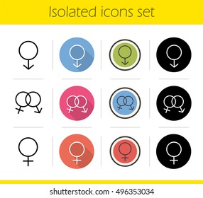Gender icons set. Flat design, linear, black and color styles. Male, female and sex signs. Isolated vector illustrations