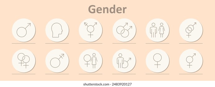 Gender icons set. Male, female, transgender, head, gender symbols, couples, equality, identity. Line icons on beige background