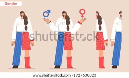 Gender identity concept. Half man and woman with male and female symbols. Transgender or transsexual, gender transition. Equality, discrimination, rights and problems. Vector character illustration