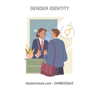 Gender Identity Konzept. Ein reflektierender Moment der Selbsterkennung, der die persönliche Erkenntnis der Geschlechtsidentität mit einem Symbol der Transformation hervorhebt.