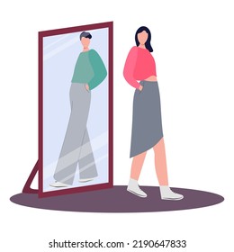 Gender Identity Concept, Transgender, Woman Near The Mirror With Male Reflection Flat Vector Isolated, Gender Transition, Lgbtq Community