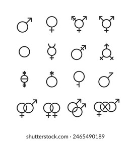 Geschlechtsidentitätssymbole, linearer Stil eingestellt. Symbole, die verschiedene geschlechtsspezifische Ausdrücke und Ausrichtungen darstellen. Inklusive Illustrationen für Geschlechtergerechtigkeit und LGBTQIA+ Anerkennung. Bearbeitbare Strichbreite.