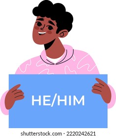 Gender identity pronouns.African american man holding signs with different pronouns,he, him, male, female and non-binary characters. Vector illustration in flat style. Lgbtq community support