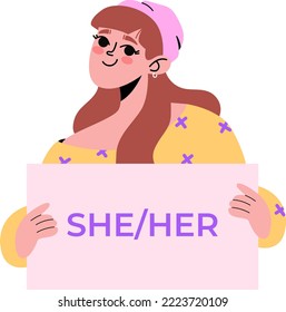 Gender identity pronouns.Young woman holding signs with different pronouns, she, her, female and non-binary characters. Vector illustration in flat style. Lgbtq community support