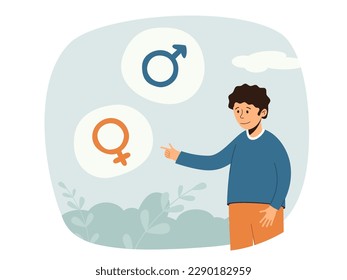 Concepto de transición de la identidad de género. El chico elige su identidad de género. Reasignación de género. La gente con ideas burbuja con iconos masculinos y femeninos en el fondo. Vector aislado.