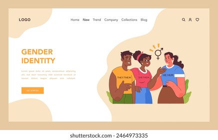 Gender identity web or landing. Three individuals affirming their pronouns, embracing diversity and gender inclusivity. Empowerment through identity. Expressing oneself through statements. Flat vector