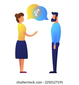 Gender inclusive language concept. Flat vector illustration of man and woman talking together. 