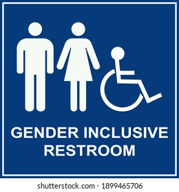 Gender inclusive restroom sign. White on blue background. Toilet signs and symbols.