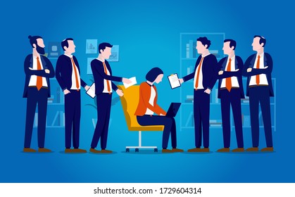 Gender inequality in business - Woman amongst nagging men in office. it's a man's world, work pressure, workload, unequal concept. Vector illustration.