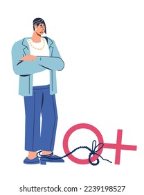  Gender inequality in career and profession flat vector illustration isolated on white background. Business woman is experiencing restrictions in building a career because of her gender.