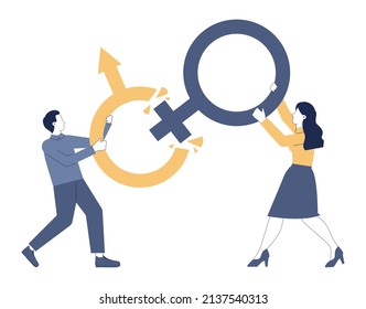 Gender Inequality Concept. Bias And Sexism In Workplace Or Social Communication. Prejudice, Stereotyping Or Discrimination Against Women Or Men. Flat Vector Illustration