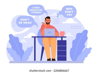 Gender Inequality Concept. Bias And Sexism In Workplace Or Social Communication. Prejudice, Stereotyping Or Discrimination Against Men. Flat Vector Illustration