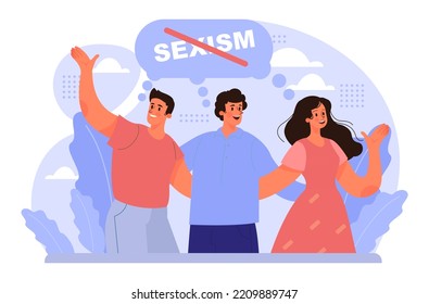 Gender inequality concept. Bias and sexism in workplace or social communication. Prejudice, stereotyping or discrimination against men. Flat vector illustration