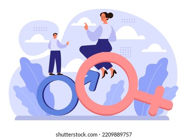 Gender inequality concept. Bias and sexism in workplace or social communication. Prejudice, stereotyping or discrimination against men. Flat vector illustration