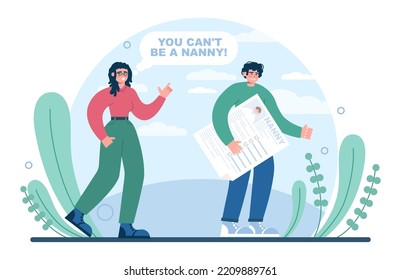 Gender Inequality Concept. Bias And Sexism In Workplace Or Social Communication. Prejudice, Stereotyping Or Discrimination Against Men. Flat Vector Illustration