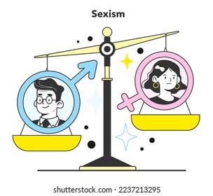 Gender inequality concept. Bias and sexism in workplace or social communication. Prejudice, stereotyping or discrimination against women. Flat vector illustration