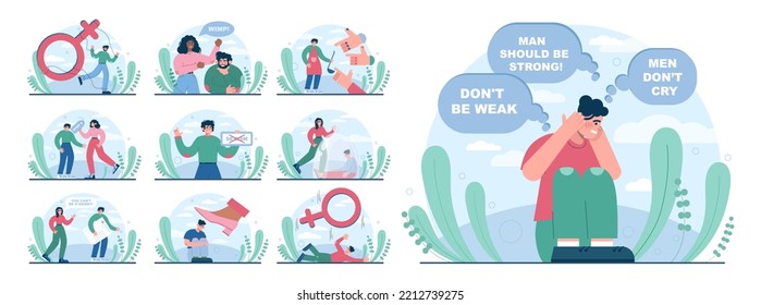 Gender Inequality Concept Set. Bias And Sexism In Workplace Or Social Communication. Prejudice, Stereotyping Or Discrimination Against Men. Flat Vector Illustration