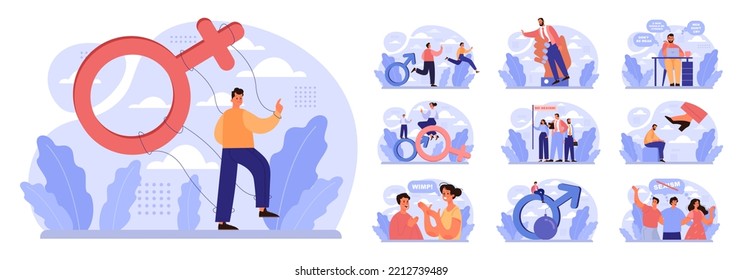 Gender Inequality Concept Set. Bias And Sexism In Workplace Or Social Communication. Prejudice, Stereotyping Or Discrimination Against Men. Flat Vector Illustration