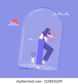 Gender inequality in employment concept, woman under bell glass, sexism, woman defends her rights, flat color vector illustration