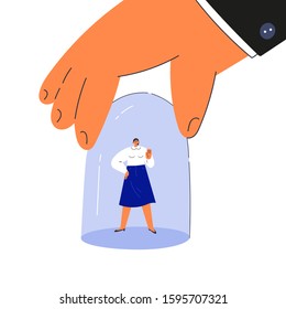 Gender inequality in employment concept.Tiny young woman under bell glass.Giant hand holding a bell.Sexism on work.Cartoon characters isolated on white background.Flat color vector illustration