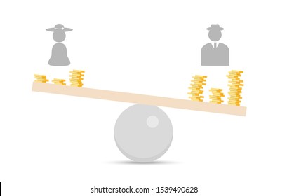 Gender inequality flat concept with man and woman icons and different amount of gold coins on swing sides. Isolated vector illustration