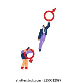 Gender inequality and gap between men and women, flat vector illustration isolated on white background. Social unfairness and disparity due to gender concept.