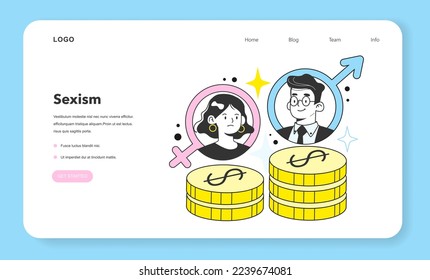 Gender inequality and gender gap in payment web banner or landing page. Bias and sexism in workplace or social communication. Discrimination against women. Flat vector illustration