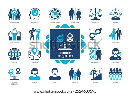 Gender Inequality icon set. Discrimination, Segregation, Feminism, Sexism, Harassment, Violence, Low Salary, Injustice. Duotone color solid icons
