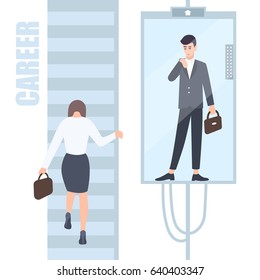 Gender inequality issues concept. Business woman and man climb the career ladder where different opportunities for males and females. Cartoon flat colorful illustration.