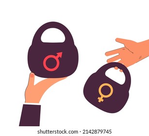 Gender Inequality For Male And Female Employees. Hands Holding Weights With Feminine And Masculine Symbols Flat Vector Illustration. Sexism Concept For Banner, Website Design Or Landing Web Page