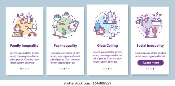 Gender inequality onboarding mobile app page screen with concepts. Women discrimination and sexism walkthrough 4 steps graphic instructions. UI vector template with RGB color illustrations