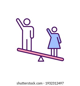 Gender inequality RGB color icon. Prejudicial treatment. Differences in socially constructed gender roles. Unequal men and women treatment. Gender norms and stereotypes. Isolated vector illustration