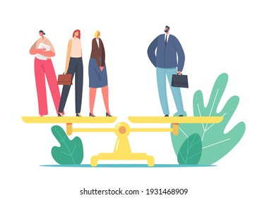 Gender Inequality, Sex Discrimination Fairness Concept. One Businessman and Three Businesswomen Characters Stand on Scales. Woman Rights, Feminism, Salary Imbalance. Cartoon People Vector Illustration