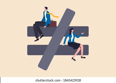 Gender Inequality, Unequal Discrimination On Lady Or Woman Such As Career, Work Or Social Rights Issue Concept, Unequal Or Not Equal Sign With Businessman On Top Level And Businesswoman On Lower Level