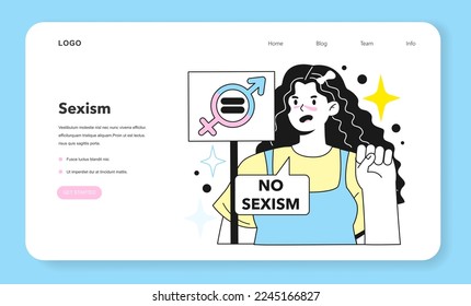 Gender inequality web banner or landing page. Women social imparity problem. Bias and sexism in workplace or social communication. Prejudice, stereotyping and discrimination. Flat vector illustration