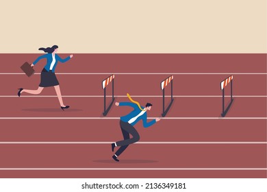 Gender Inequality Woman Or Female Discrimination, Unfair Opportunity Or Unequal, Obstacle Or Difficulty For Woman Leadership Concept, Businesswoman Compete With Men With More Difficulty Hurdles.