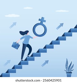 Gender inequality or women rights concept, confident girl climbing ladder and carrying female symbol, show power of women, strong, equality. The diversity in work and business, feminism. flat vector