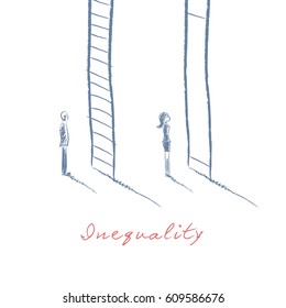 Gender issues in business concept with businessman and businesswoman standing in front of career corporate ladder. Inequality concept in hand drawn vector sketch design. Eps10 vector illustration.