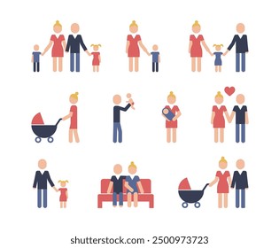 Gender issues color icons set. Woman and man equality. Female employee fair treatment. Wife and husband with children. Family love. Pictogram family concept. 